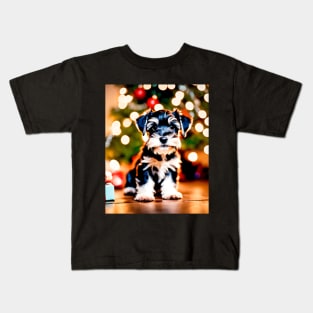 Cute Schnauzer Puppy's First Christmas Kids T-Shirt